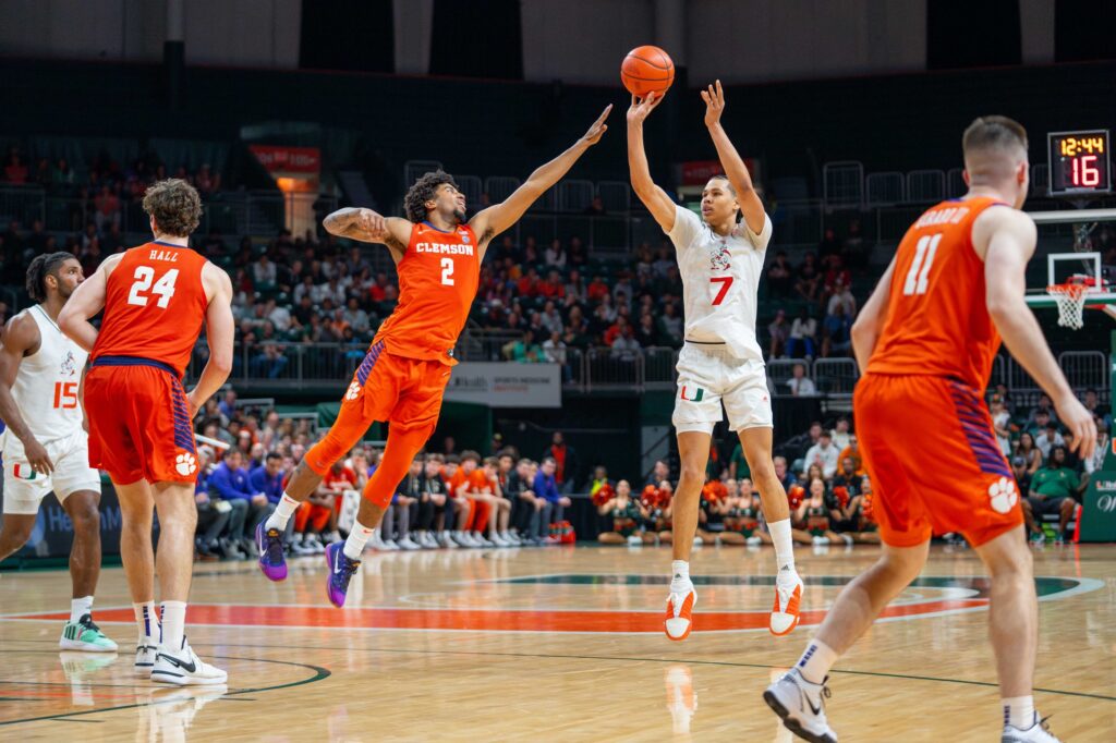 Freshman guard Kyshawn George shoots a three-pointer in the second half of Miami’s game versus Clemson in the Watsco Center on Jan. 3, 2023.
