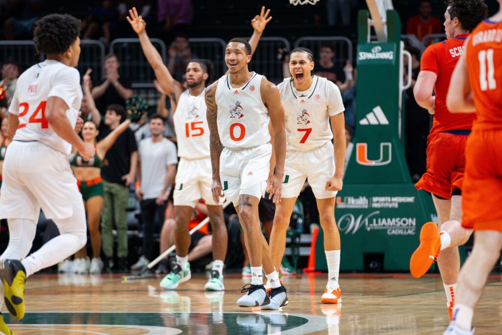 Players celebrate in the second half of Miami’s game versus Clemson in the Watsco Center on Jan. 3, 2023.