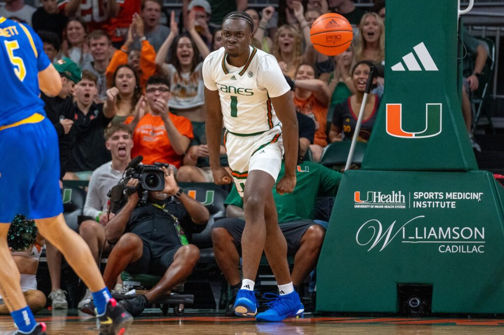 Freshman center Michael Nwoko celebrates a dunk in the first half of Miami’s game versus Pittsburgh in the Watsco Center on Jan. 27, 2024.