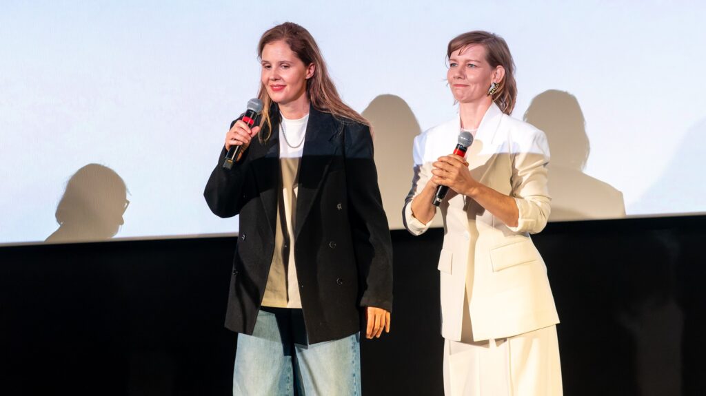 Director Justine Triet and actress Sandra Huller speak during a Q&A at the UK Premiere of "Anatomy Of A Fall" on Nov. 1, 2023.