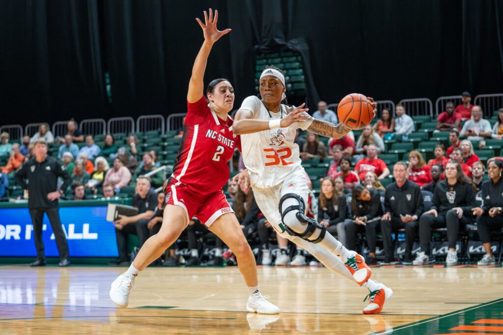 Sophomore forward Lazaria Spearman drives to the basket in the second quarter of Miami’s game versus NC State in the Watsco Center on Jan. 18, 2023.