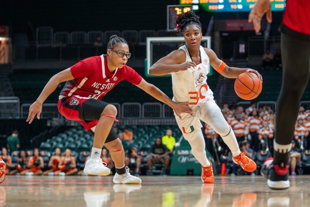 Junior guard Shayeann Day-Wilson drives to the basket in the third quarter of Miami’s game versus NC State in the Watsco Center on Jan. 18, 2023.