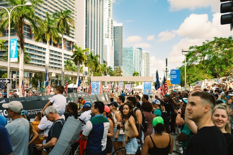 People gather at the finish line of the Miami Marathon at Bayfront Park on Jan. 28, 2024.