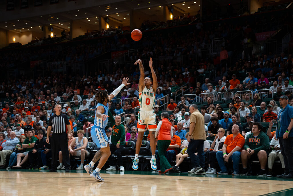 Junior guard Matthew Cleveland shoots in the second half of Miami's game versus the University of North Carolina in the Watsco Center on Feb. 10, 2024.