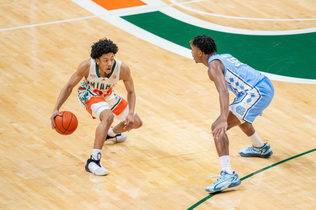 Fourth-year junior guard Nijel Pack brings the ball down court in the first half of Miami’s game versus the University of North Carolina in the Watsco Center on Feb. 10, 2024.