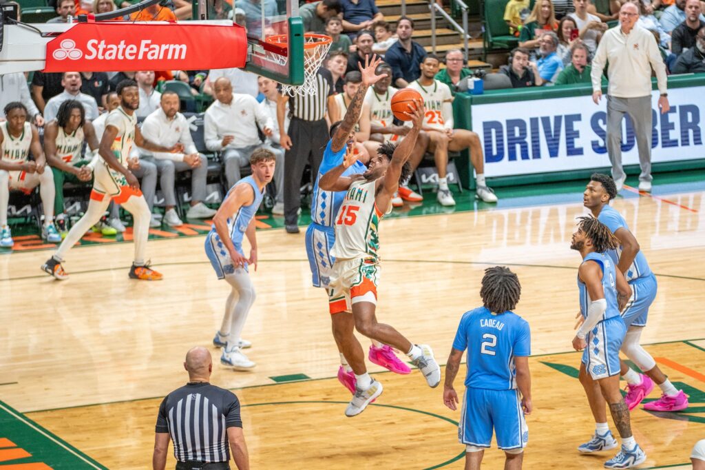 Fourth-year junior forward Norchad Omier drives to the basket in the second half of Miami’s game versus the University of North Carolina in the Watsco Center on Feb. 10, 2024.