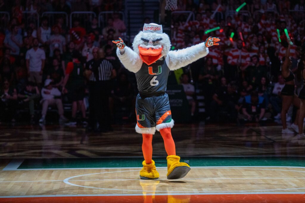 Sebastian the Ibis hypes up the crowd in the second half of Miami’s game versus the University of North Carolina in the Watsco Center on Feb. 10, 2024.