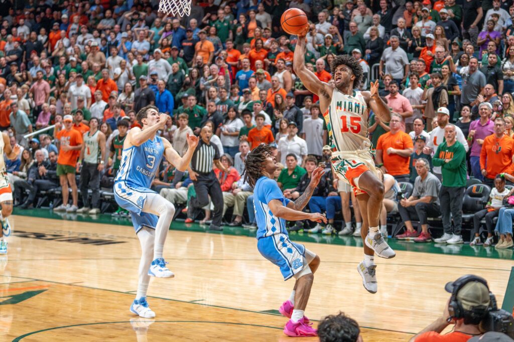 Fourth-year junior forward Norchad Omier goes up for a shot in the second half of Miami's game versus the University of North Carolina in the Watsco Center on Feb. 10, 2024.