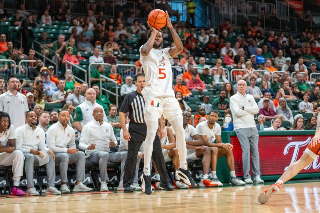 Junior guard Wooga Poplar shoots a jump shot in the second half of Miami’s game versus Virginia Tech in the Watsco Center on Feb. 3, 2024.