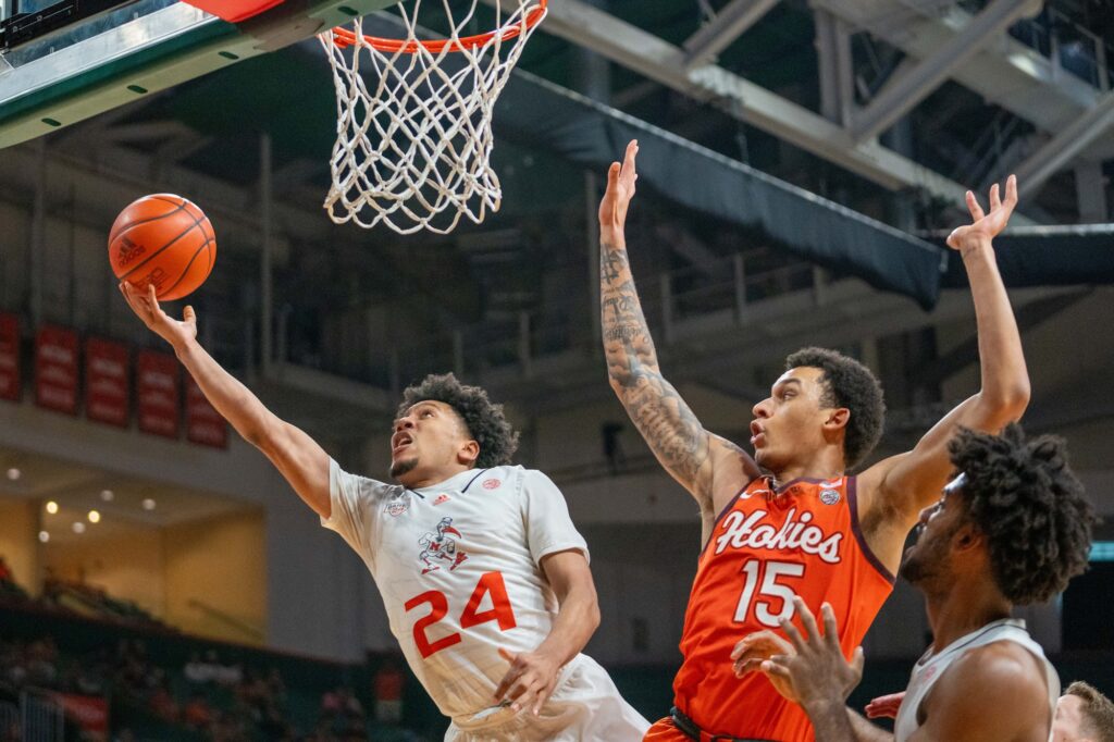 Fourth-year junior guard Nijel Pack lays up the ball in the second half of Miami’s game versus Virginia Tech in the Watsco Center on Feb. 3, 2024.
