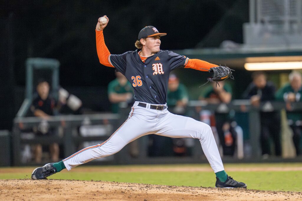 Freshman right-handed pitcher Nick Robert pitches in the top of the eighth inning of Miami’s game versus Long Island University at Mark Light Field on Feb. 23, 2024.