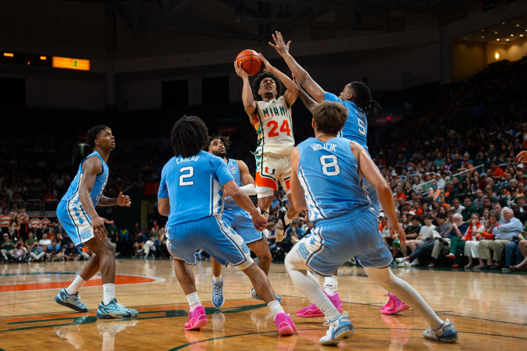 Fourth-year junior guard Nijel Pack goes up for a shot during Miami's game versus the University of North Carolina in the Watsco Center on Feb. 10, 2024.