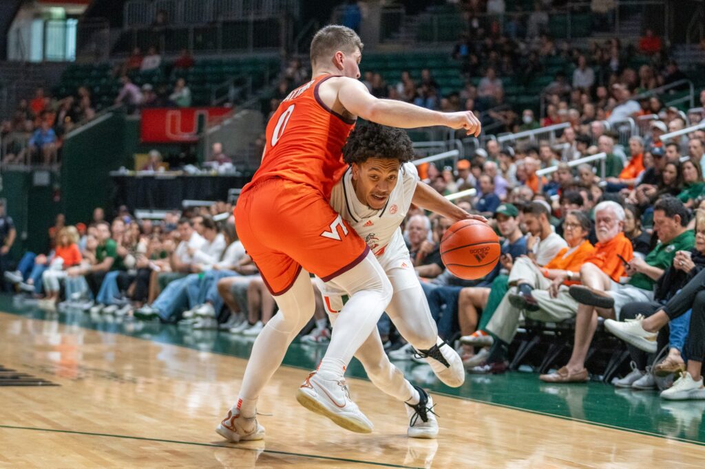 Fourth-year junior guard Nijel Pack drives to the basket in the second half of Miami’s game versus Virginia Tech in the Watsco Center on Feb. 3, 2024.