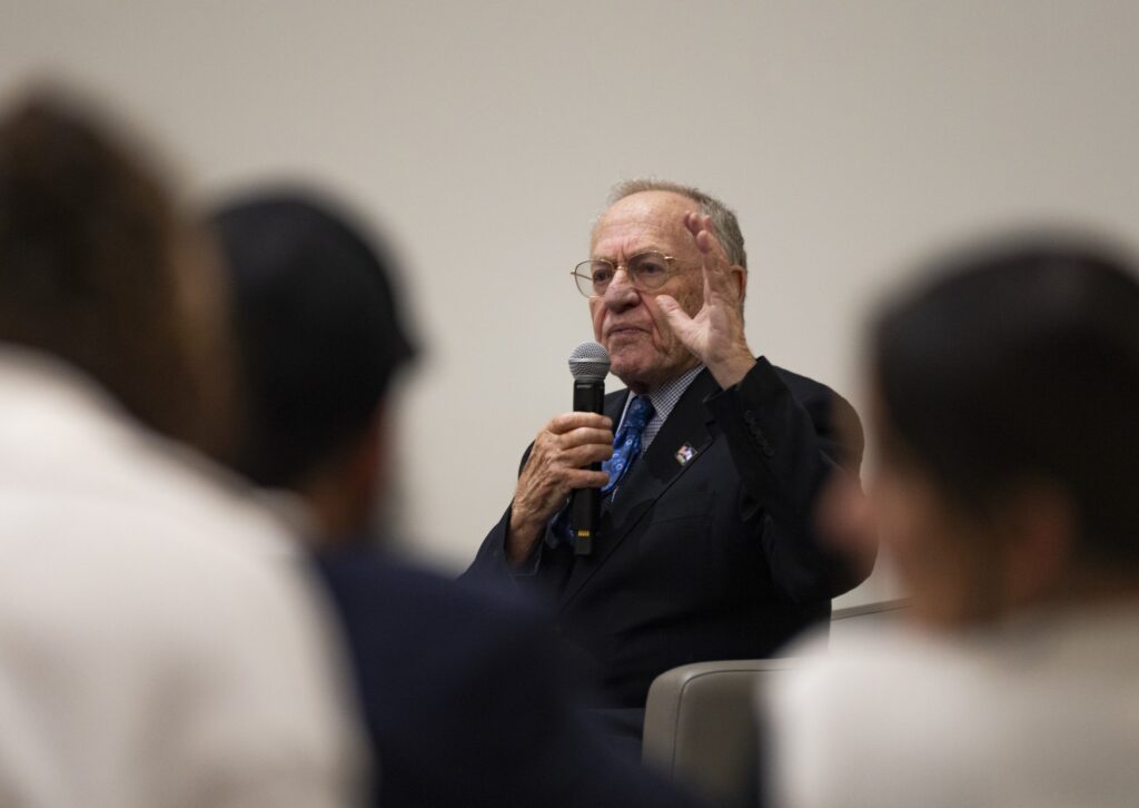 Speaker Alan Dershowitz discusses topics of the Israel-Palestine conflict during his talk at the Shalala Student Center on Wednesday, Feb. 7, 2024.