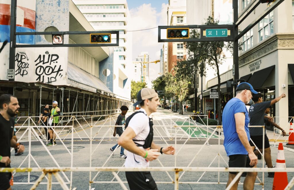 Life Time Miami Marathon participants run through downtown for the last leg of the race on Jan. 28, 2024.