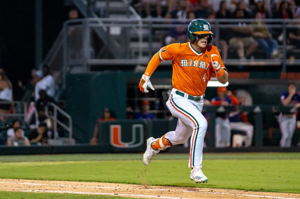 Sophomore infielder Blake Cyr sprints to first base in Miami’s game versus Clemson University at Mark Light Field on March 29, 2024.