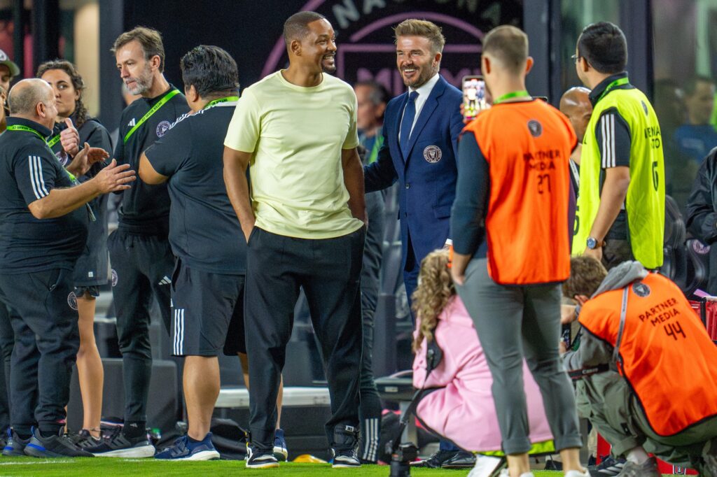 Actor Will Smith and owner David Beckham watch warm ups before Inter Miami’s match versus Real Salt Lake at Chase Stadium on Feb. 21, 2024.