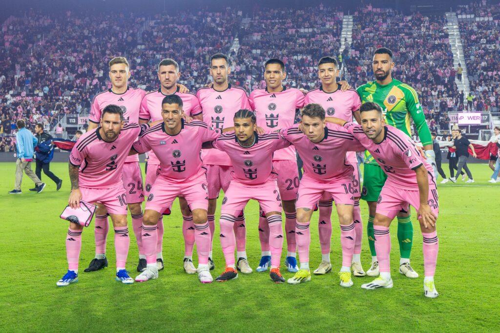The Inter Miami starting XI poses ahead of their match versus Real Salt Lake at Chase Stadium on Feb. 21, 2024.