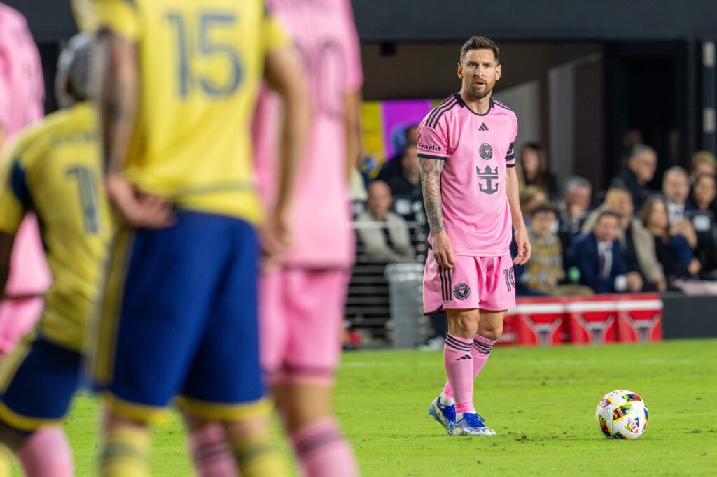 Inter Miami forward Lionel Messi prepares to take a free kick in the first half of Inter Miami’s match versus Real Salt Lake at Chase Stadium on Feb. 21, 2024.