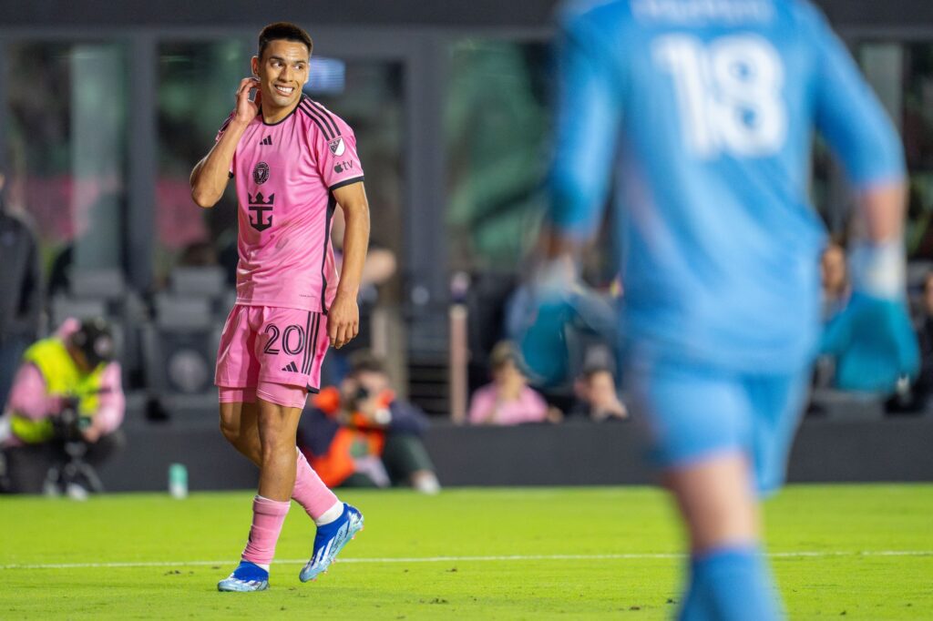 Inter Miami midfielder Diego Gomez winces after missing an opportunity in the first half of Inter Miami’s match versus Real Salt Lake at Chase Stadium on Feb. 21, 2024.