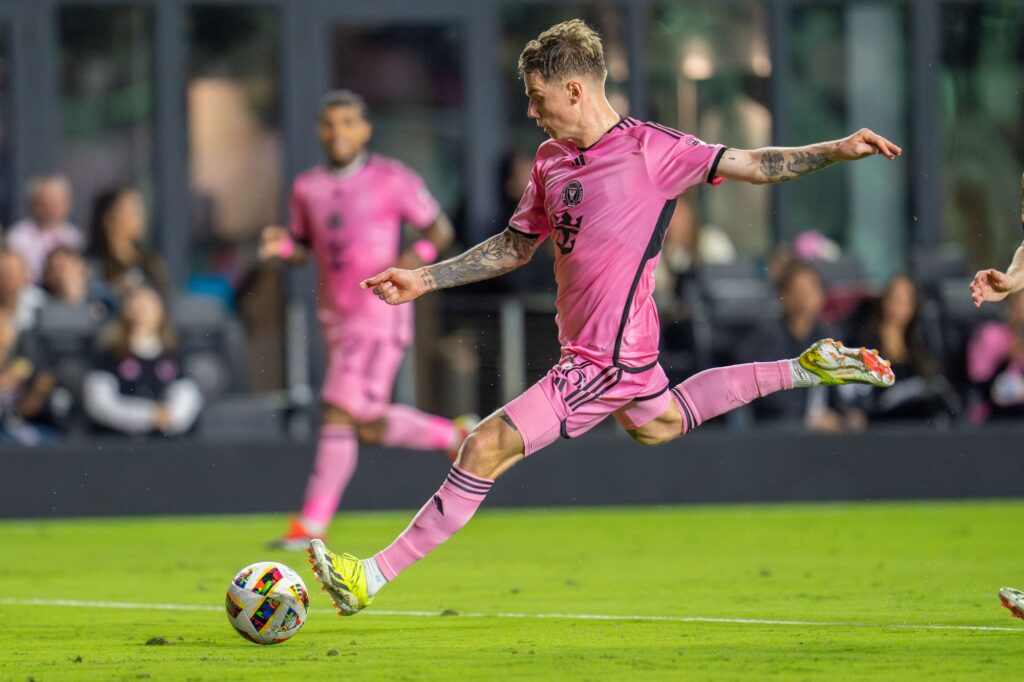 Inter Miami forward/midfielder Robert Taylor shoots and scores a goal in the first half of Inter Miami’s match versus Real Salt Lake at Chase Stadium on Feb. 21, 2024.