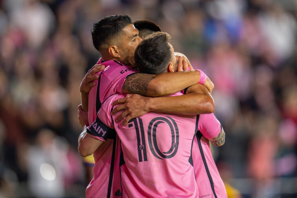 Inter Miami midfielder Diego Gomez and forwards Lionel Messi and Luis Suarez celebrate Gomez’s goal in the second half of Inter Miami’s match versus Real Salt Lake at Chase Stadium on Feb. 21, 2024.