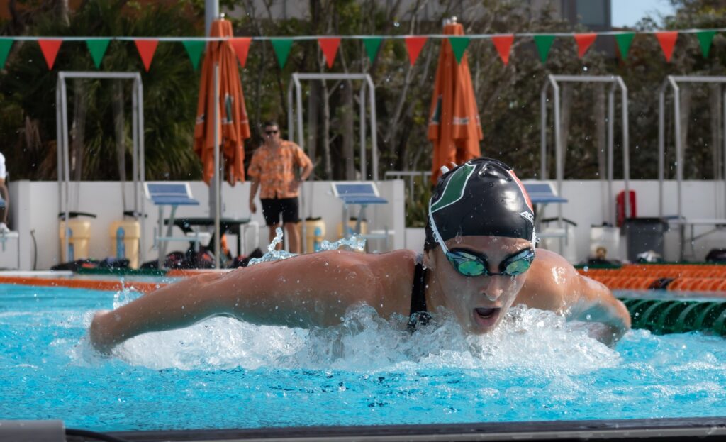 Miami swimmer performs the butterfly during the First Chance Meet on Friday, Feb. 16, 2024 at the University Center Pool.