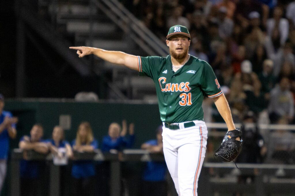 Tacked with the loss for allowing four of out their seven runs, junior pitcher Gage Ziehl calls out the hitter to the first base umpire during the Friday night game against UF..