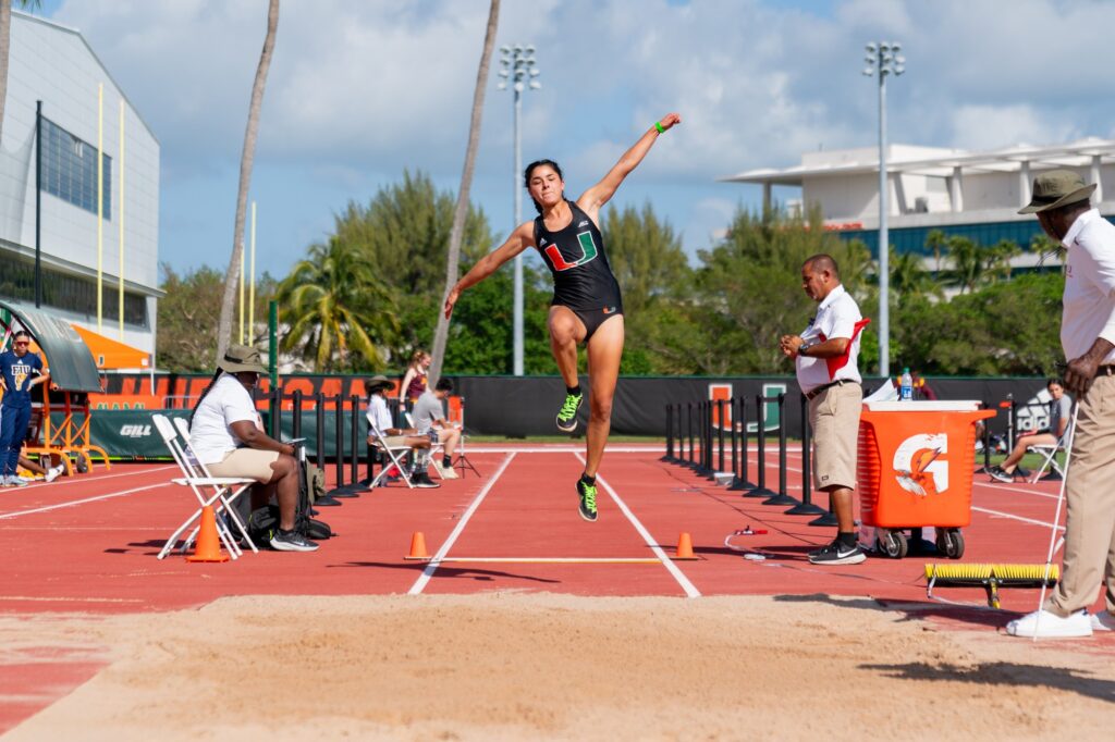 Sophomore Valeria Fernandez places 18th in the women’s long jump event in the Hurricane Invitational Miami hosted on March 15, 2024.