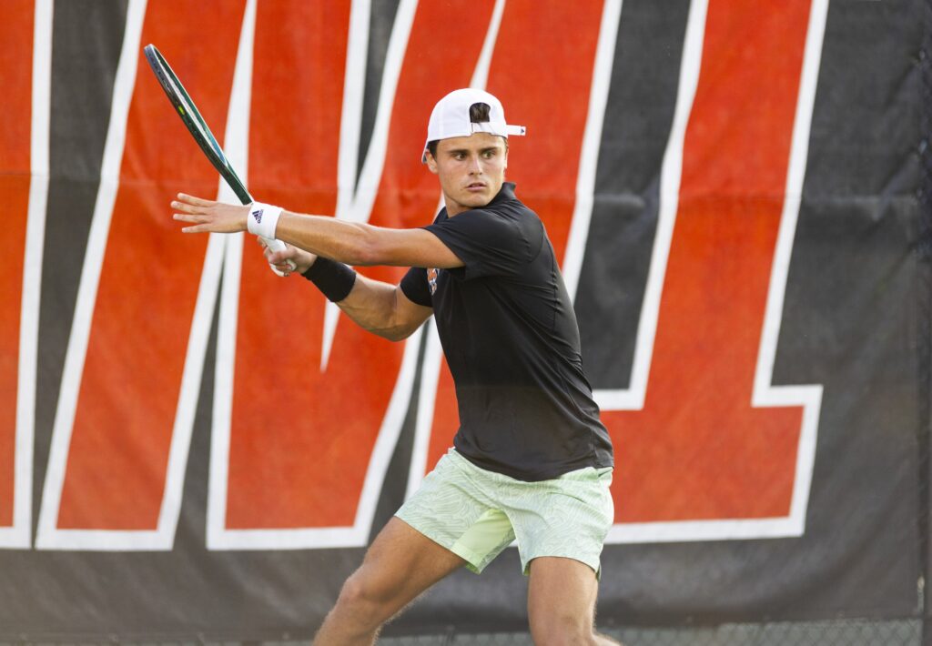 Sophomore Antonio Prat lines up a forehand shot during his match against UTSA's Tomas Pinho at the Neil Schiff Tennis Center on Feb 23, 2024.
