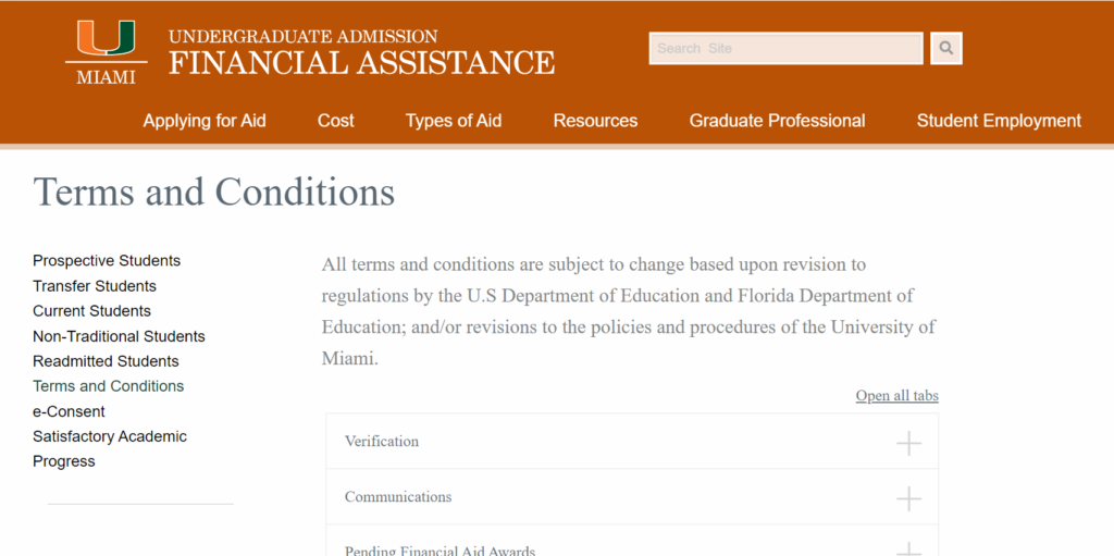 UM&squot;s Terms and Conditions of financial assistance on March 3, 2024, three days before sending an email to select students saying they were not in compliance with the terms and conditions. The page lacks a tab about "Courses in Program of Study," which describes the second major policy.