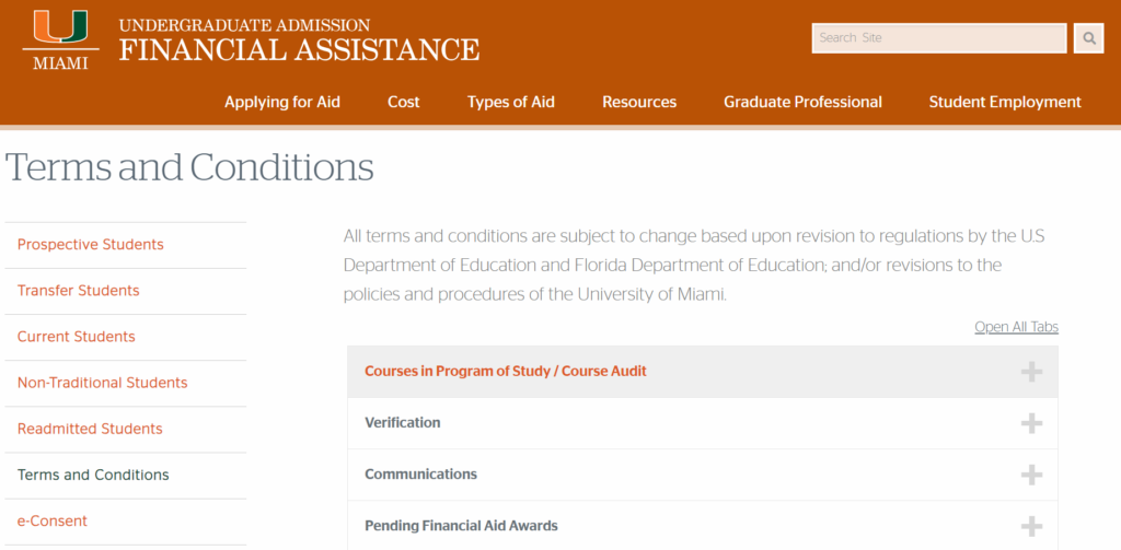 Screenshot of the Terms and Conditions of financial assistance taken on March 26, 2024, which now includes the "Courses in Program of Study" tab, describing the federal and state aid policy. This tab did not exist before March 3, 2024.