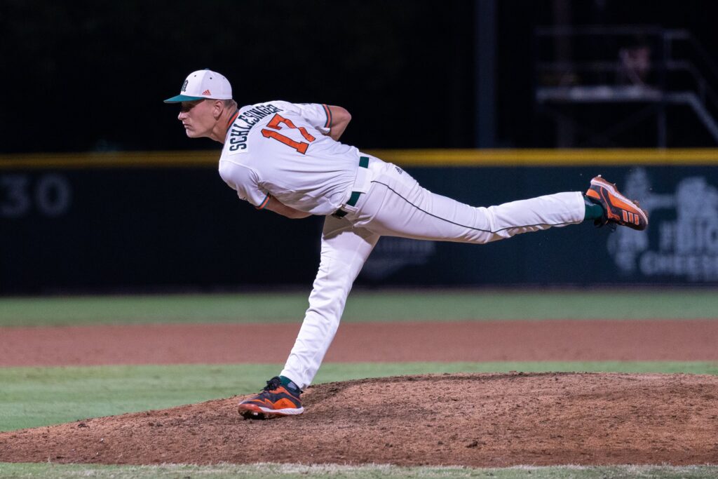 Freshman pitcher Rate Schlesinger pitches in the top of the eighth inning of Miami’s game versus the University of North Carolina at Chapel Hill at Mark Light Field on March. 25, 2022.