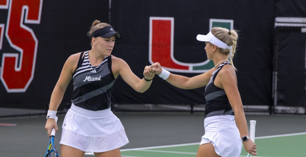Senior Leonie Schuknecht and fifth year senior Antonia Balzert celebrate a point in their doubles match against the Blue Devils in at the Schiff Tennis Center on Feb. 23, 2024.