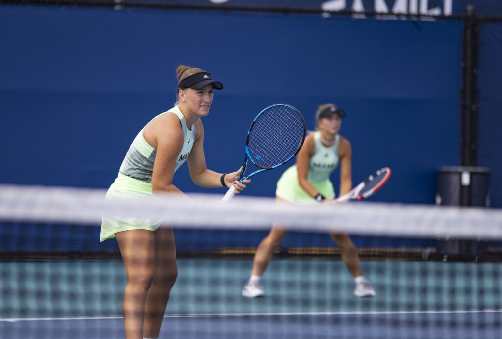 True senior Leonie Schuknecht and fifth-year senior Antonia Balzert await the start of a point during their doubles match against Boston College's Serena Agar and Nada Dimovska at the Miami Open at Hard Rock Stadium on March 29, 2024.