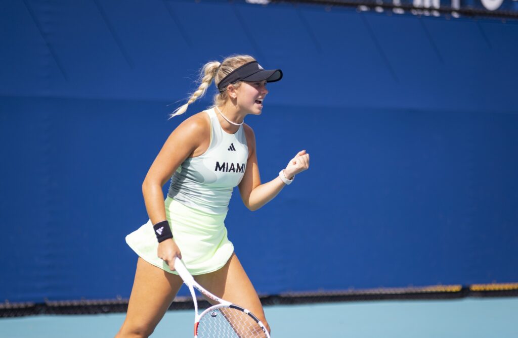 Fifth-year senior Antonia Balzert yells in celebration after winning a point against Boston College at the Miami Open at Hard Rock Stadium on March 29, 2024.