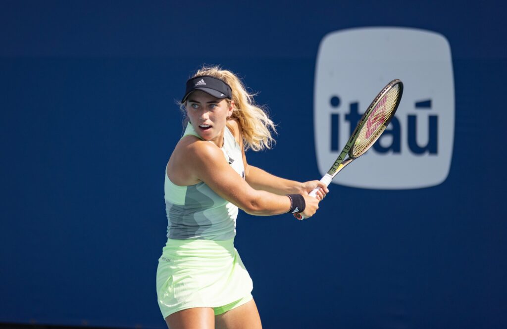 Senior Isabella Pfennig winds up for a backhand during her singles match against Boston College's Natalie Eordekian at the Miami Open at Hard Rock Stadium on March 29, 2024.